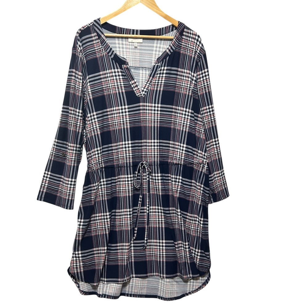 Bobbie Brooks‎ Women Shirt Dress 3X Navy Plaid Drawstring Waist Cozy Preppy Chic